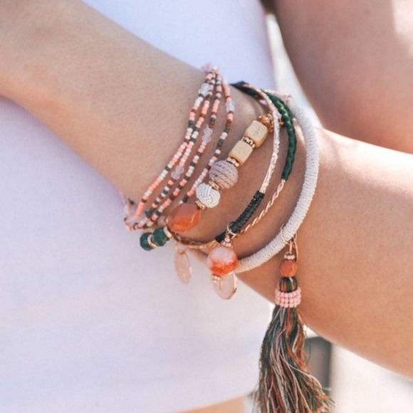 Boho Charm Beaded Tasseled Neutrals Earthy Bangle 5 Piece Bracelet Stack Set - Picture 2 of 4